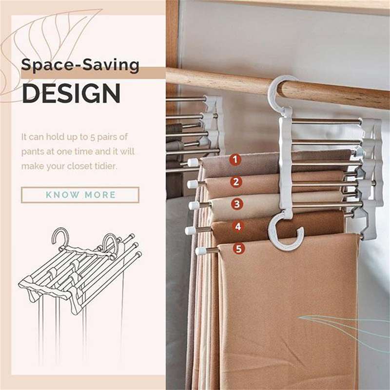 HouseKe 2-Piece Magic Pants Hangers, Space Saving Closet Hangers 5 Layers 2  Uses Multi Functional Pants Rack,Clothes Organizer Rack for Clothes